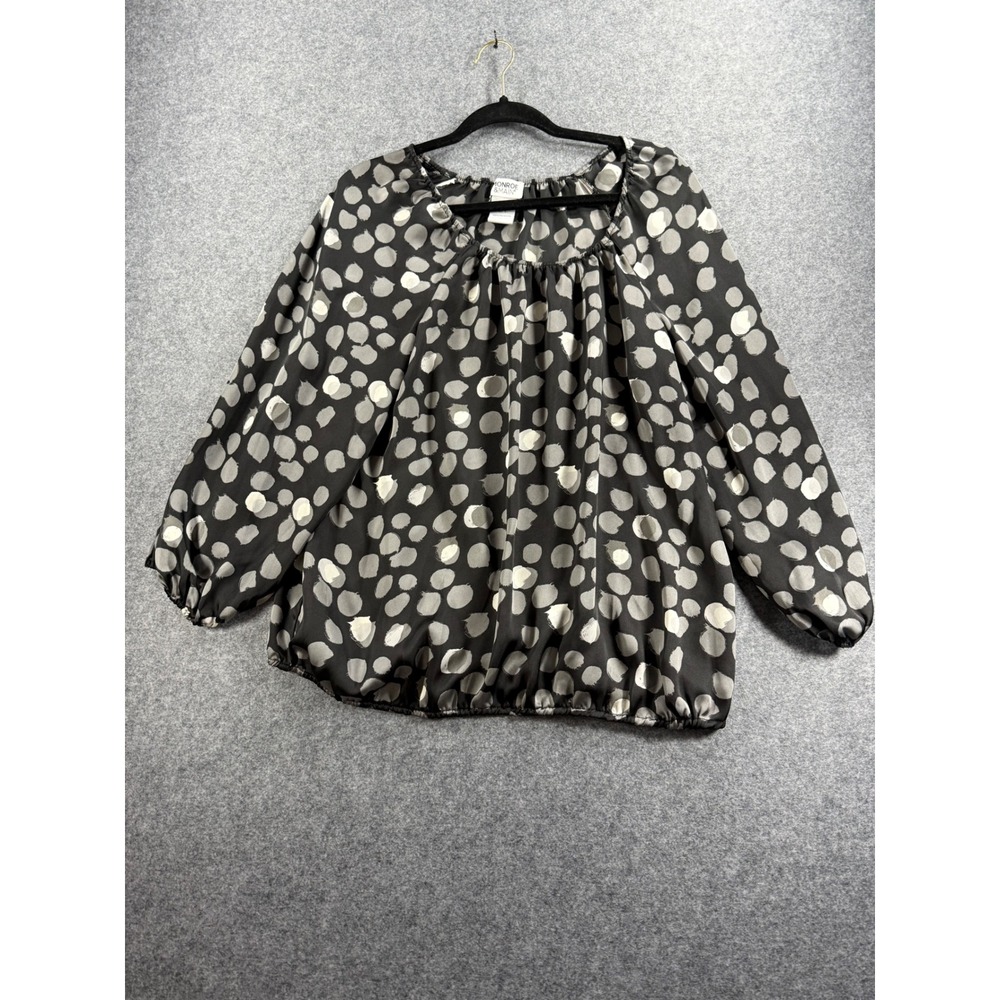 Monroe & Main Womens Large Black Grey Polka Dot Elastic Hem Bubble Blouse Top